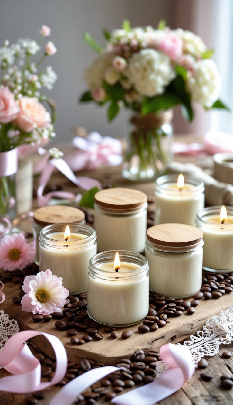 A table with coffee scented soy candles in glass jars surrounded by coffee beans, flowers, and bridal shower decorations.