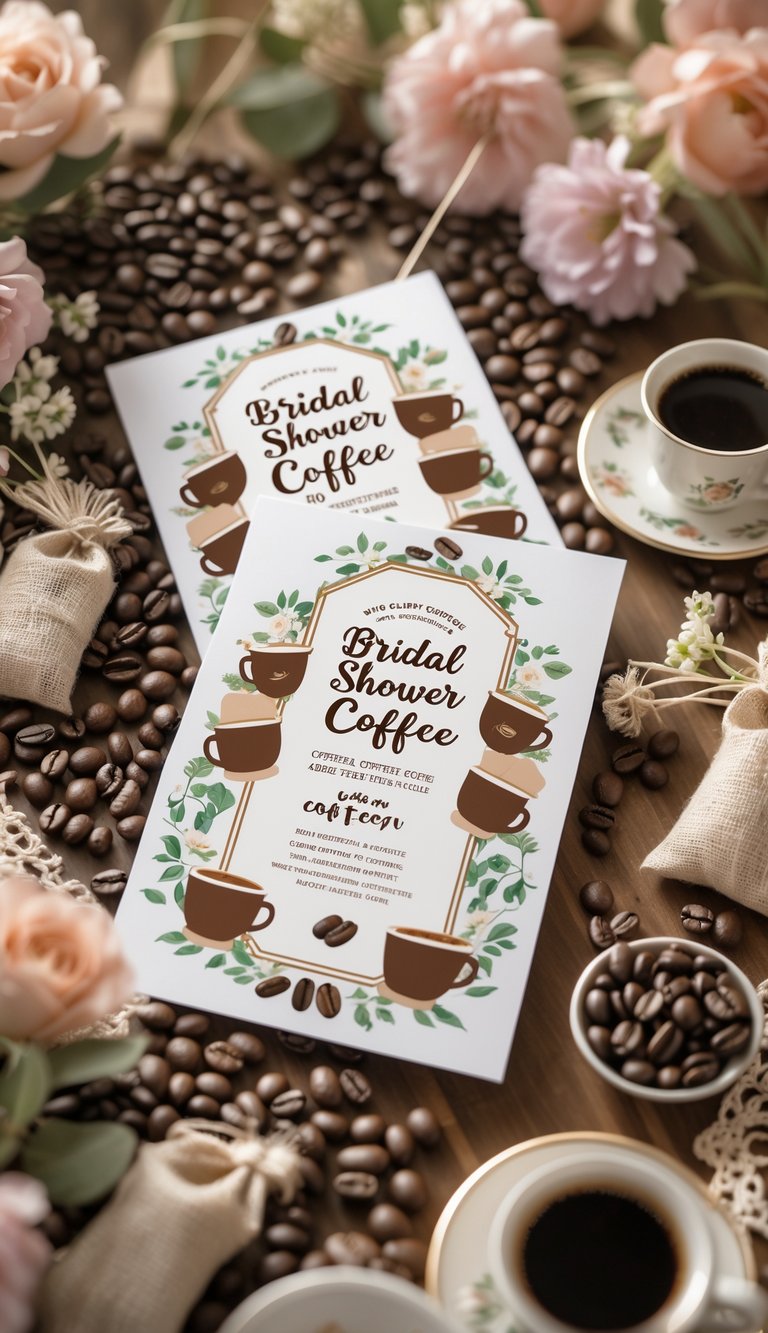 A table with bridal shower invitations featuring coffee cups and beans, surrounded by coffee cups, coffee beans, and flowers.