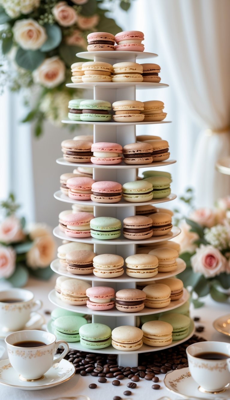 A multi-tiered tower of pastel macarons shaped like stacked coffee cups on a decorated bridal shower table with flowers and coffee cups nearby.
