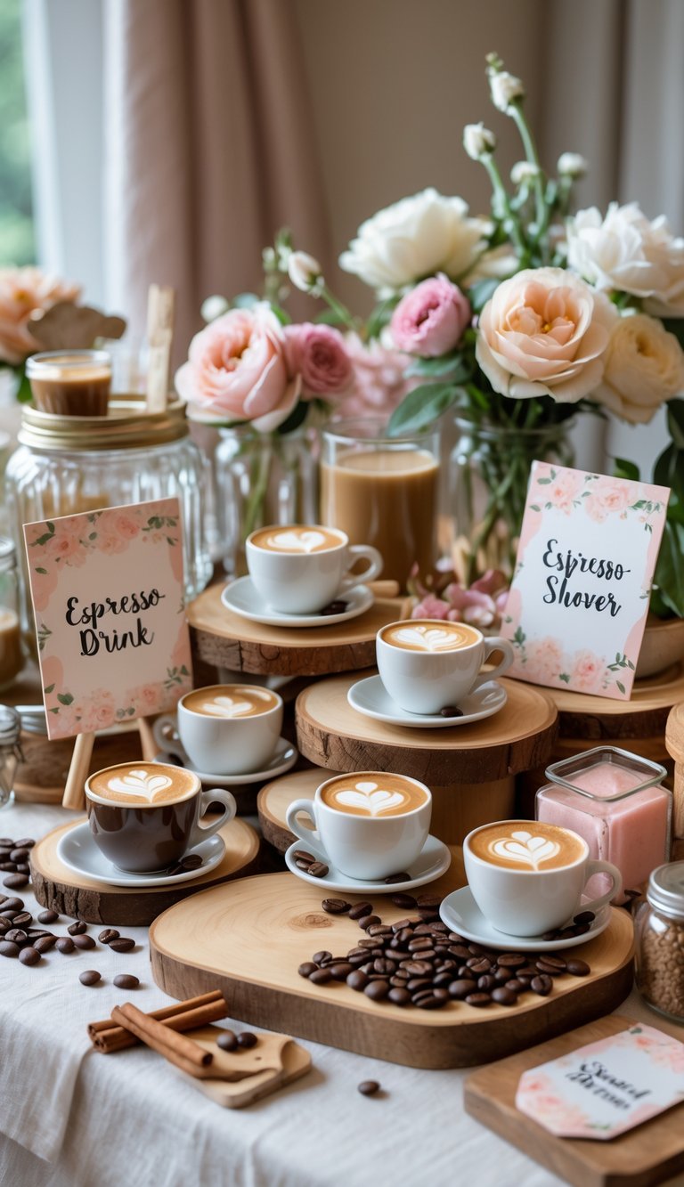 A bridal shower espresso drink setup with coffee cups, flowers, and decorative items arranged on a table.