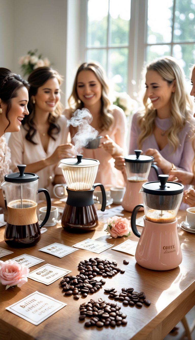 A group of women enjoying coffee-themed bridal shower games around a wooden table with coffee mugs, brewing equipment, and floral decorations.