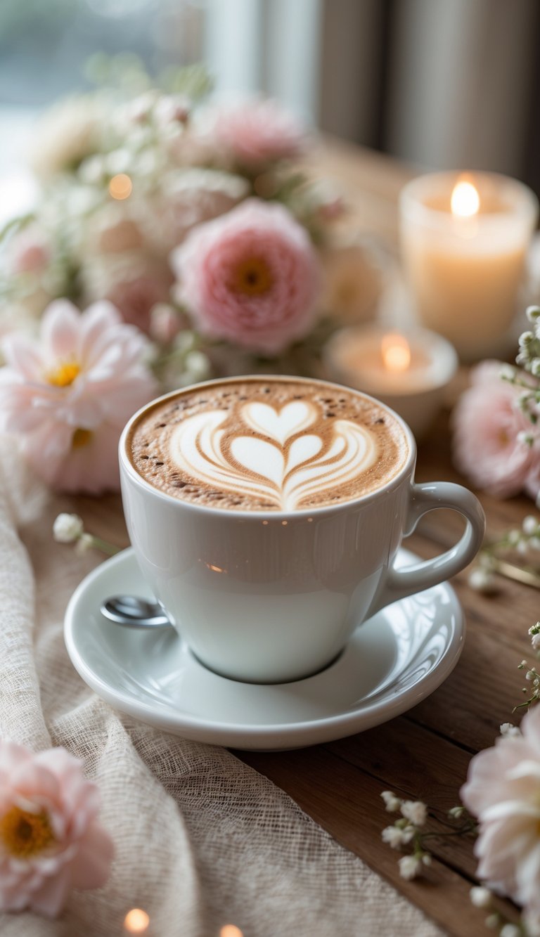 A latte with heart-shaped foam art on a wooden table surrounded by soft pastel flowers and candles.