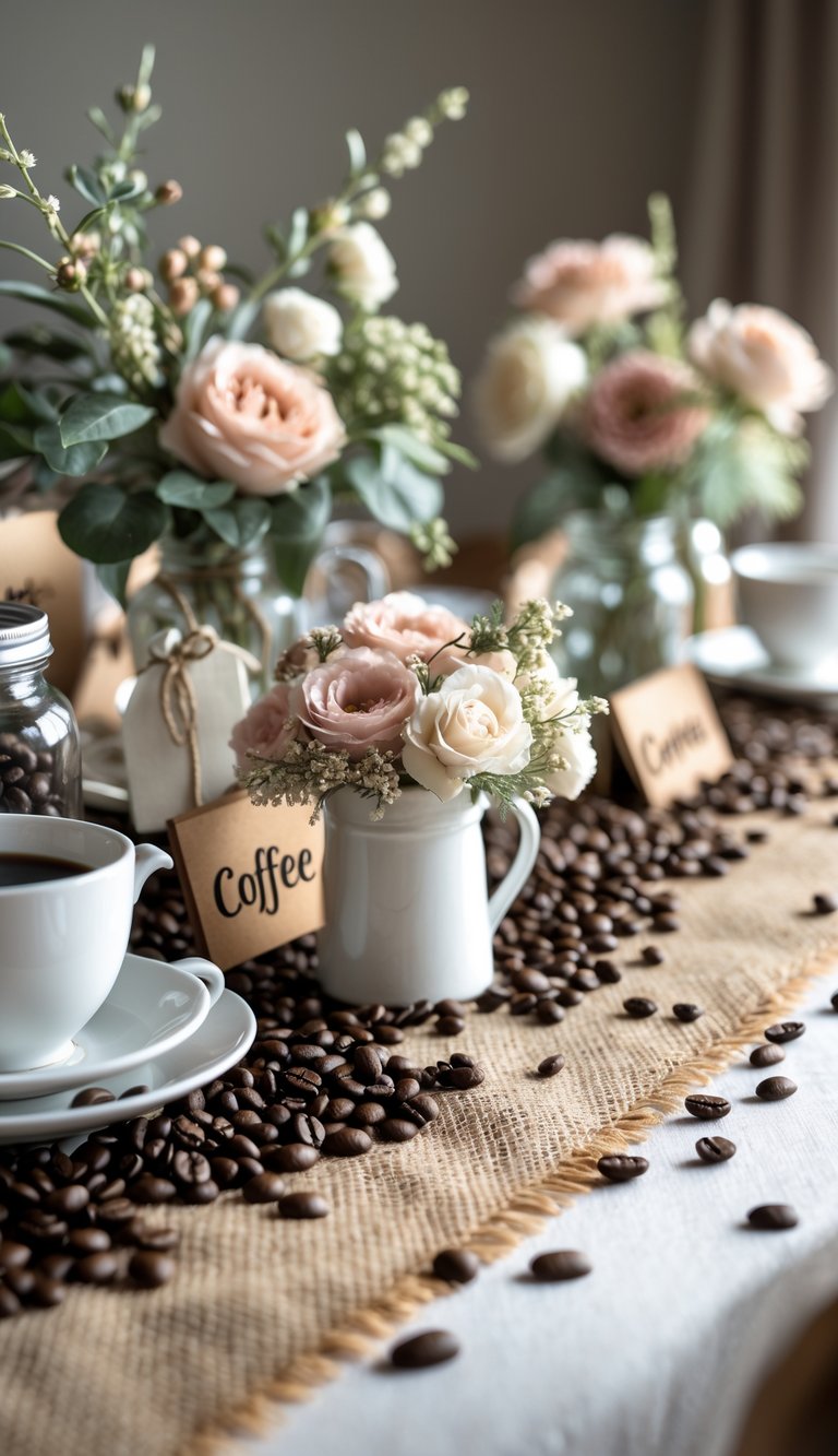 A rustic bridal shower table with burlap runners, coffee beans, floral arrangements, and coffee cups arranged in a cozy setting.