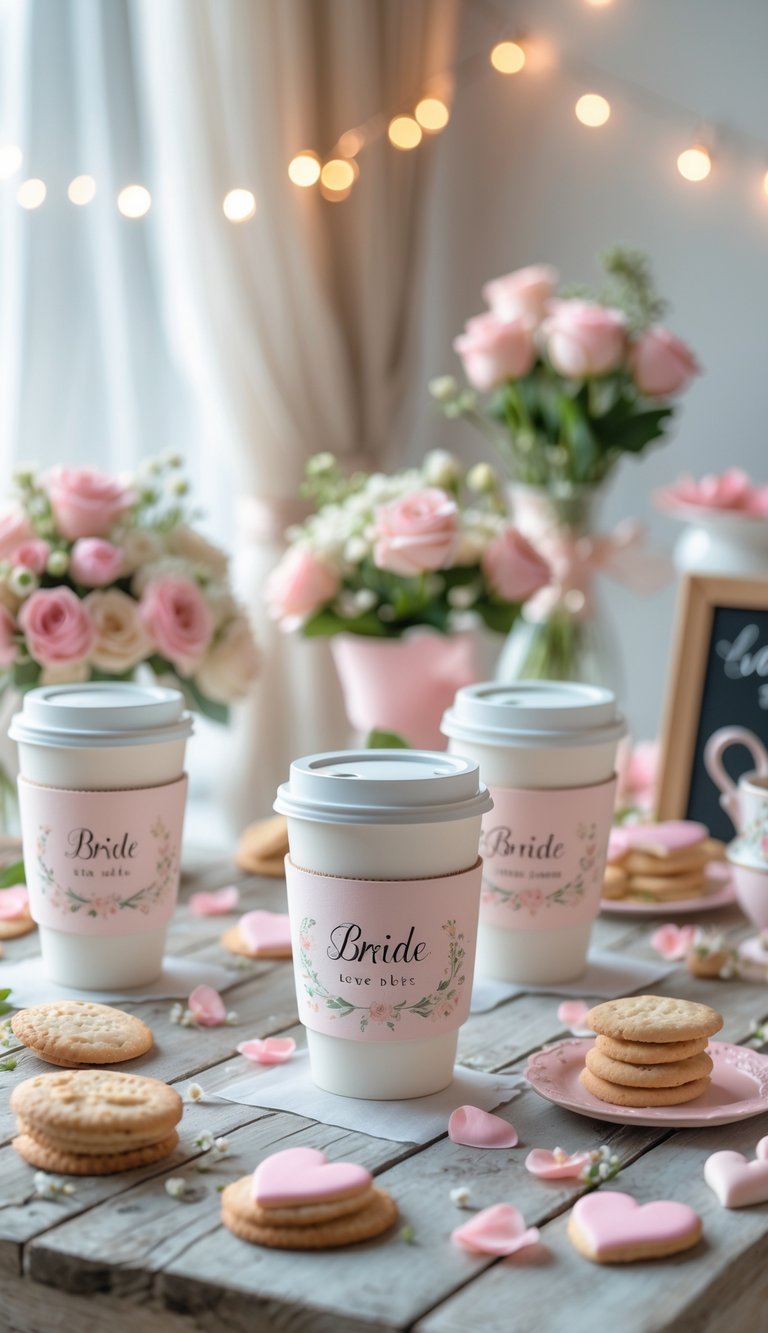 Disposable coffee cups with personalized sleeves on a decorated table set for a bridal shower, surrounded by flowers and festive decorations.