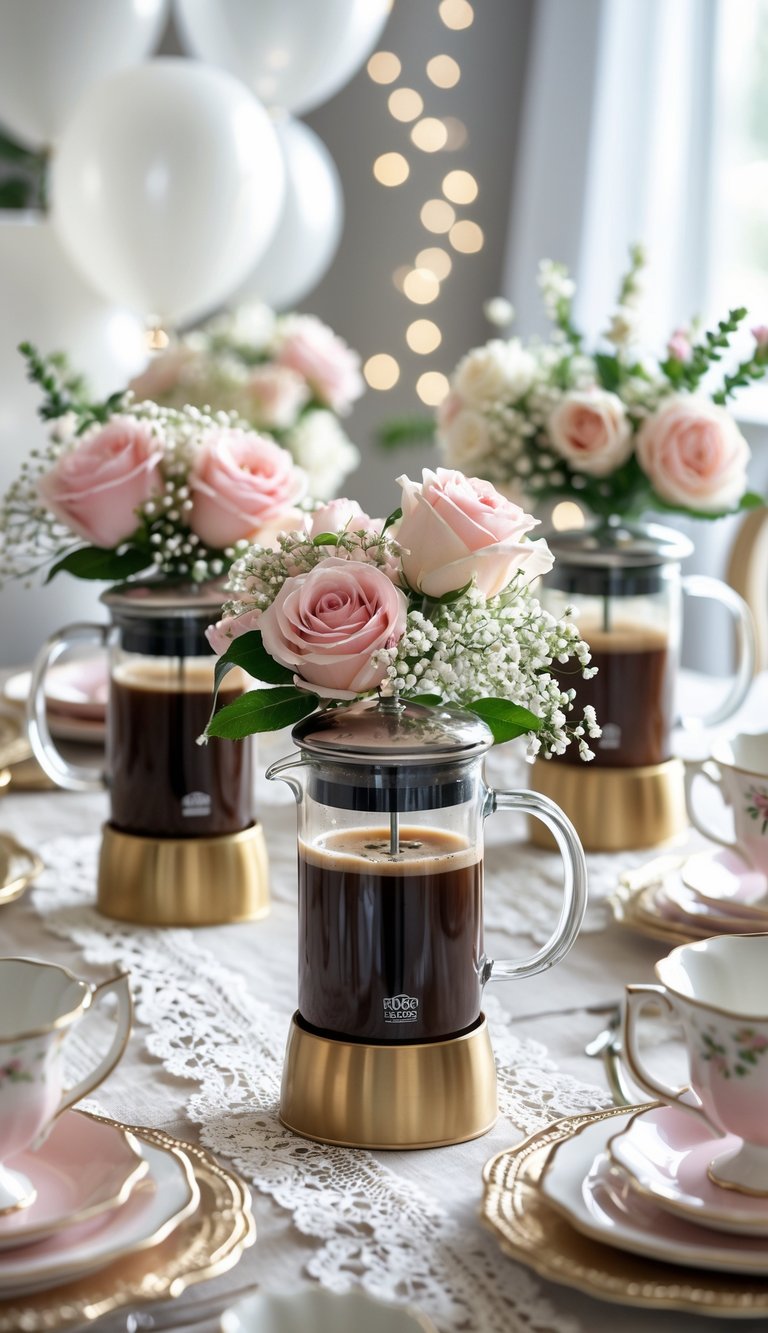 A bridal shower table with mini French press coffee makers filled with fresh flowers as centerpieces, surrounded by pastel decorations and soft lighting.