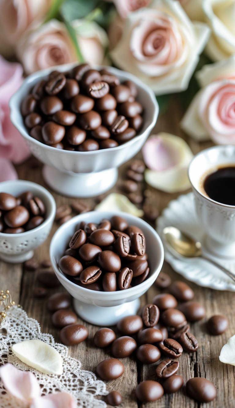 Close-up of chocolate covered espresso beans arranged in bowls and jars on a wooden table with rose petals and a cup of espresso nearby.