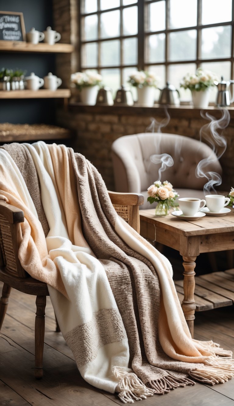 A cozy coffeehouse scene with warm throw blankets on chairs and a sofa, a wooden table set for a bridal shower with flowers and coffee cups, surrounded by coffee-themed decor.
