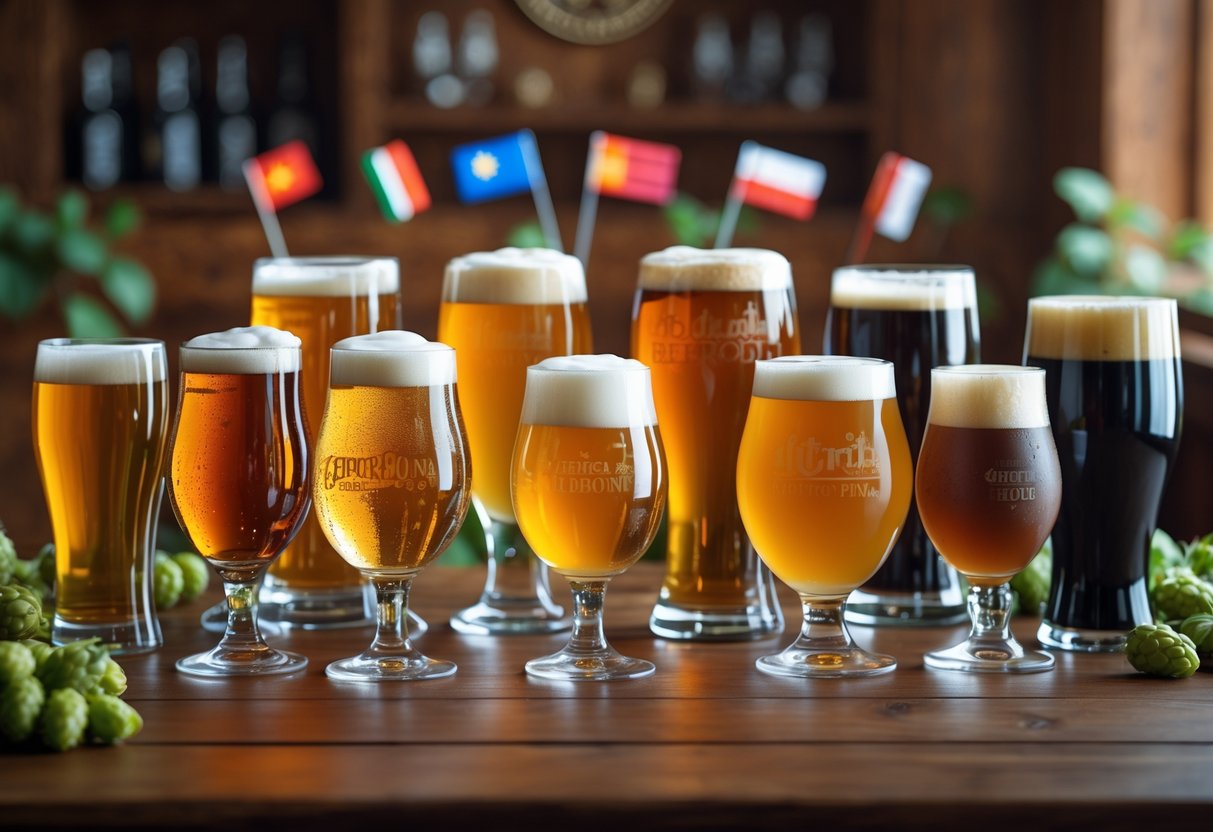 A table displaying fifteen different types of beers in various glasses, each with distinct colors and foam, representing beer varieties from around the world.