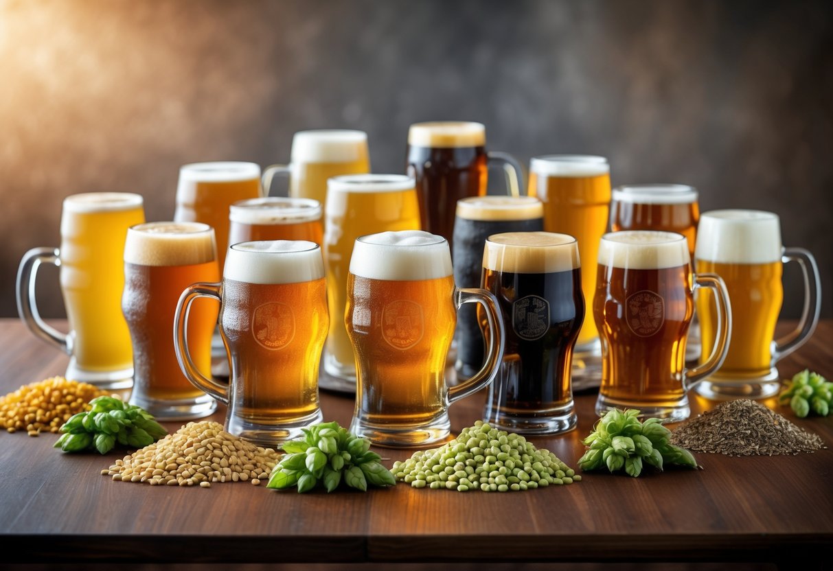 A variety of beers in different glasses arranged on a wooden table with brewing ingredients around them, all under warm lighting.