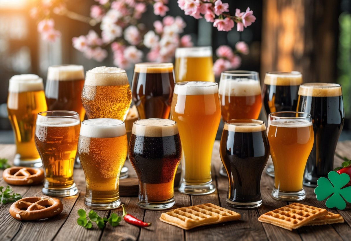 A selection of 15 different beers in various glasses on a wooden table, surrounded by cultural items representing their countries of origin.