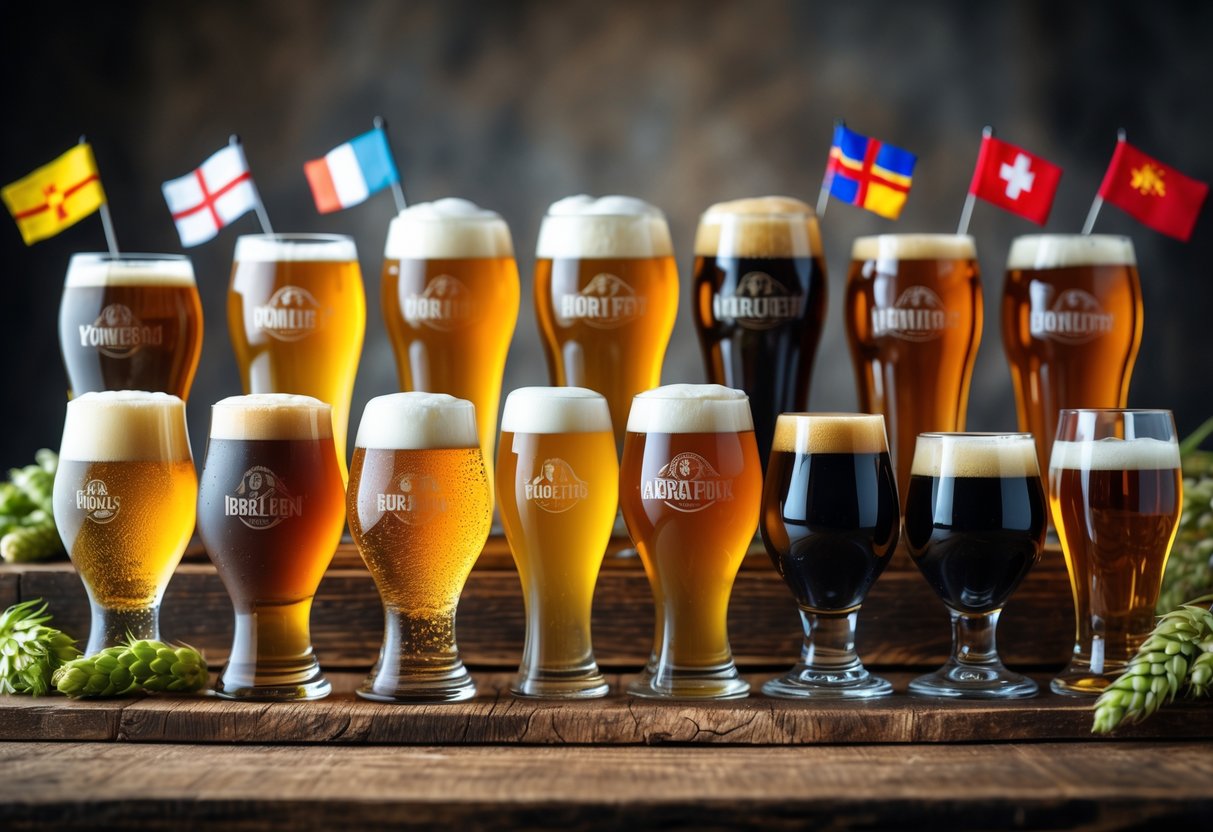 A wooden table displaying fifteen different types of beer in various glasses, showcasing a range of colors and styles from light to dark.