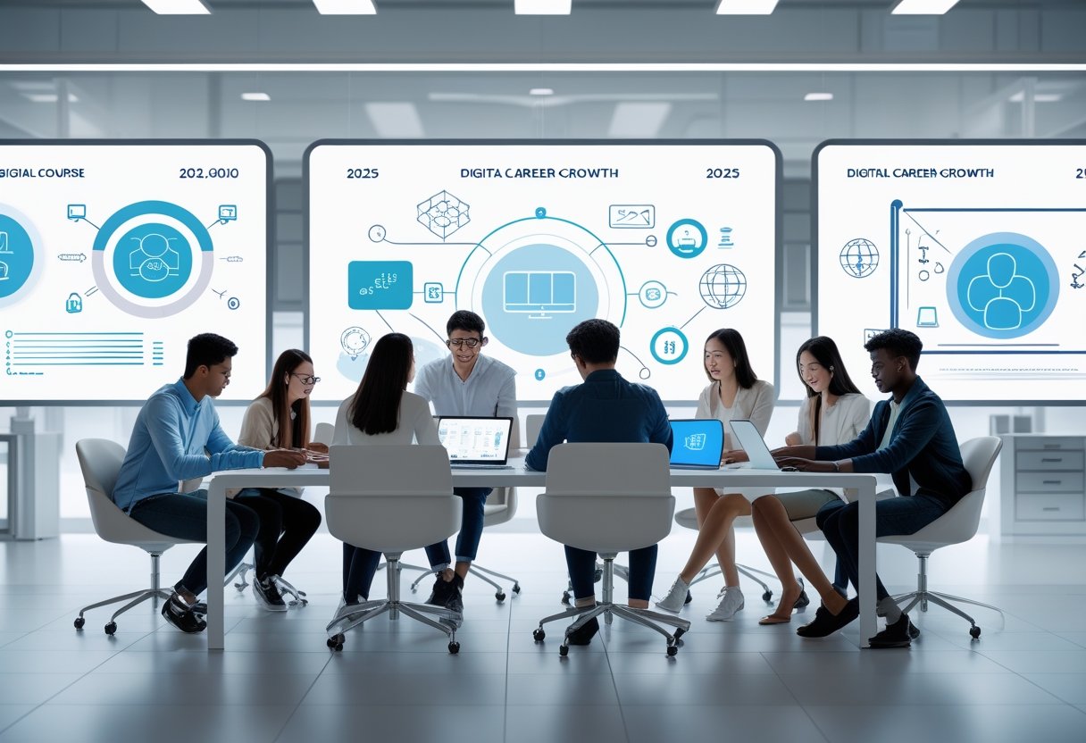 Un groupe de jeunes adultes travaillant ensemble avec des ordinateurs portables dans un environnement moderne de formation digitale.