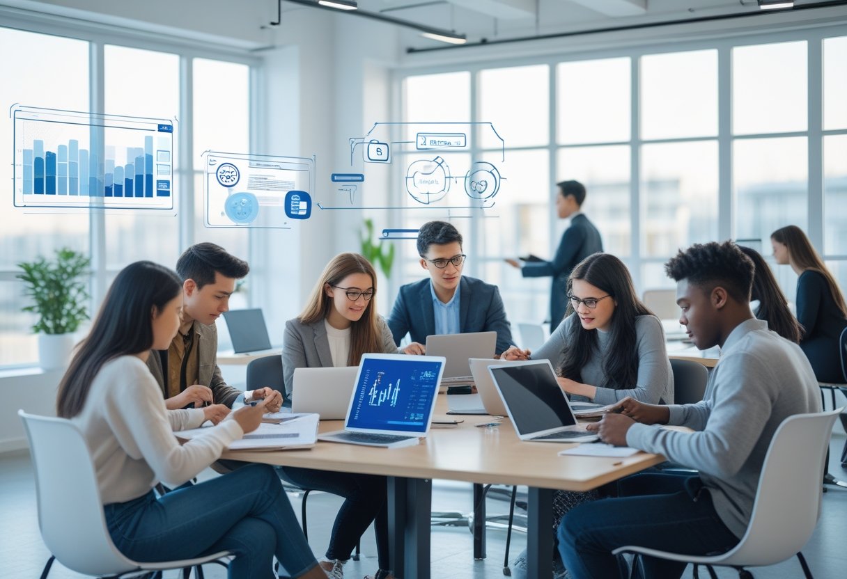 Un groupe de jeunes adultes travaillant ensemble sur des ordinateurs portables dans un espace lumineux et moderne, apprenant des compétences digitales.