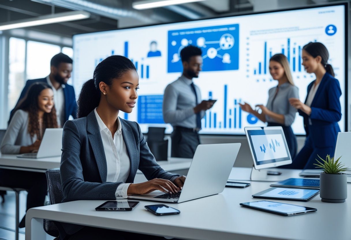 Des professionnels en formation digitale dans un bureau moderne, utilisant des ordinateurs et des appareils numériques pour apprendre et collaborer.