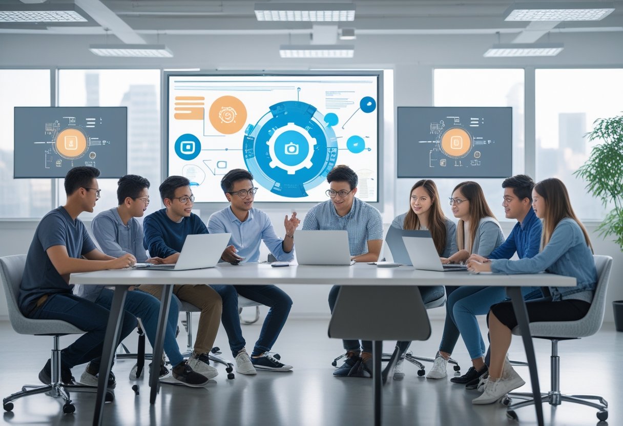 Un groupe de jeunes adultes travaillant ensemble avec des ordinateurs portables et tablettes dans une salle lumineuse, en pleine formation digitale.