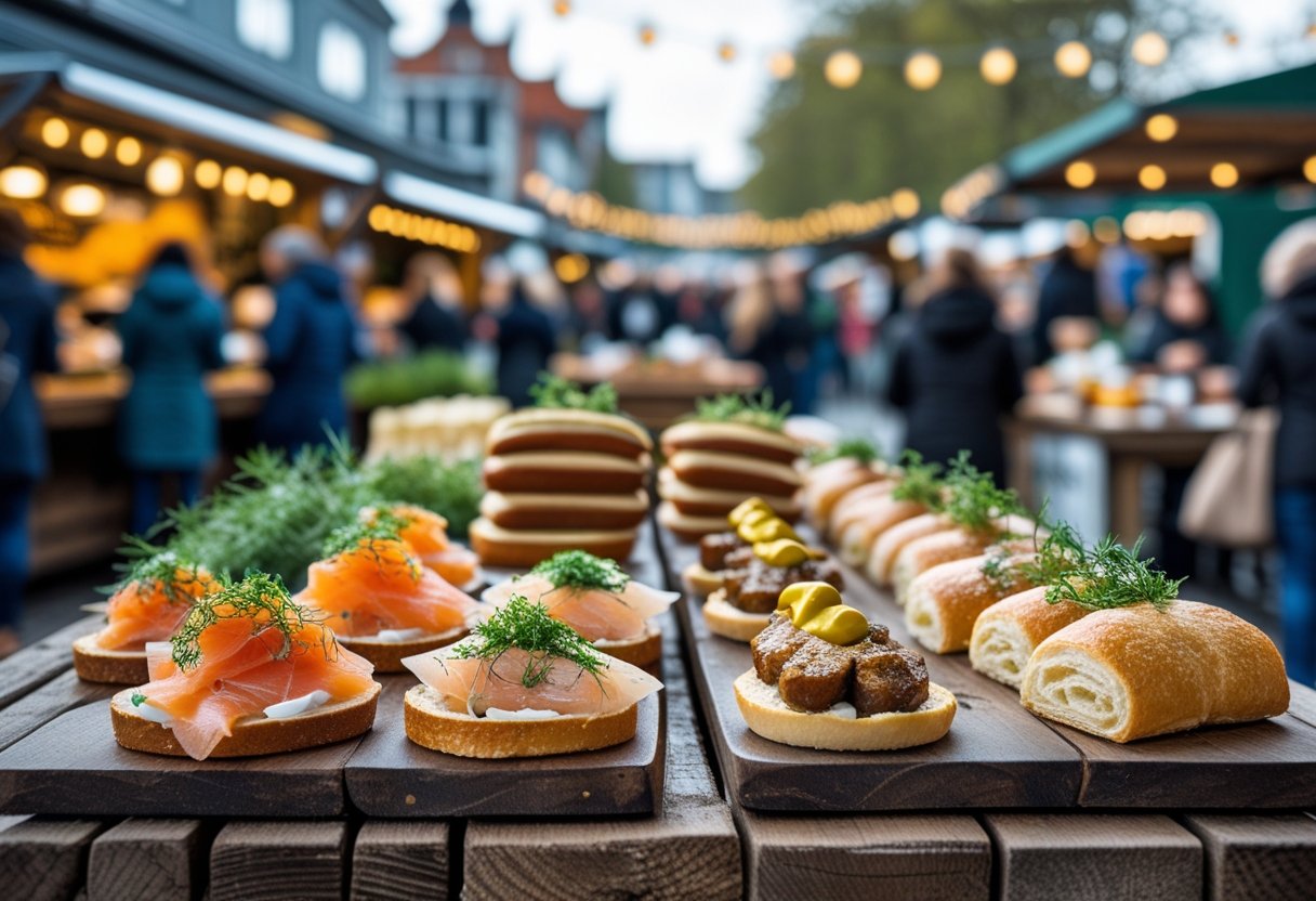 A busy outdoor market in Copenhagen with tables displaying Danish street food including open-faced sandwiches, hot dogs, and pastries, with people enjoying the food in the background.