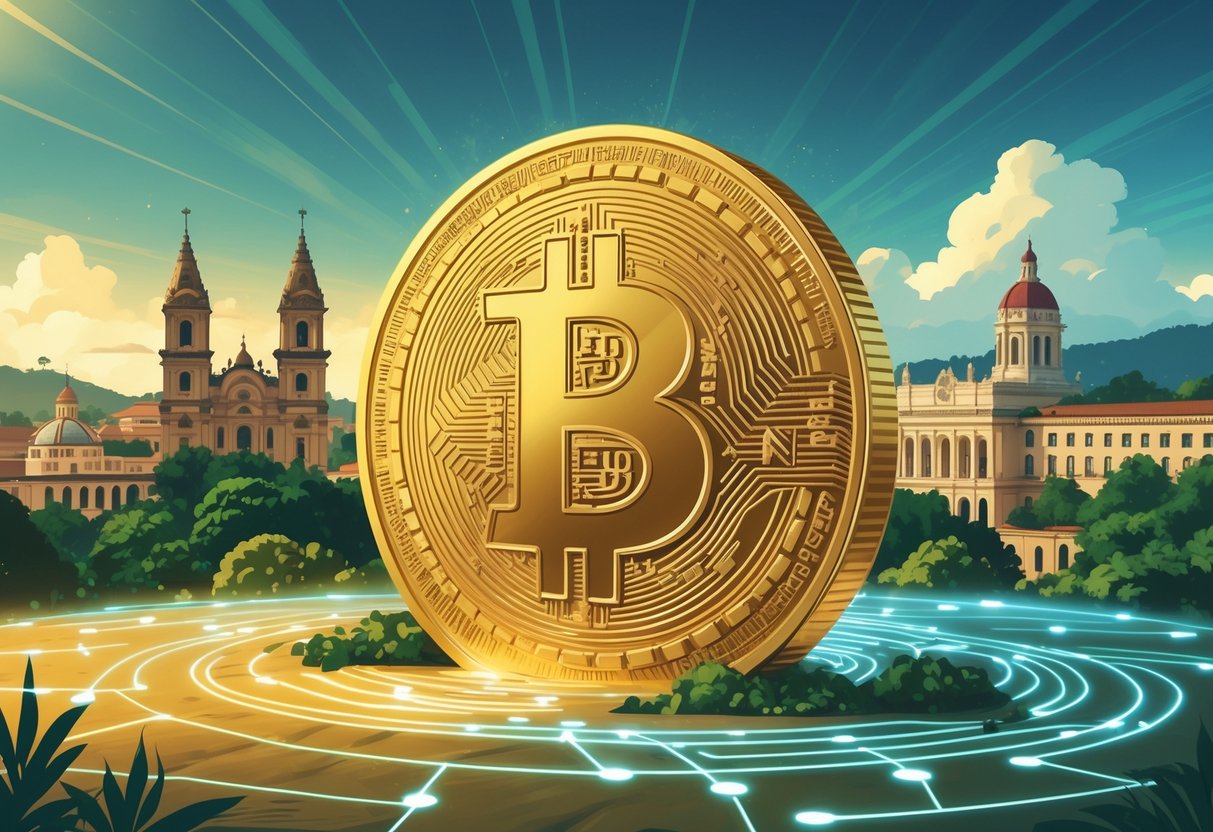 A cityscape of San Salvador with a large golden Bitcoin coin in the foreground surrounded by glowing digital circuit patterns.