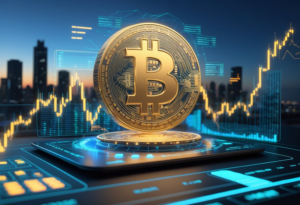 A glowing Bitcoin symbol above digital charts and graphs with a modern city skyline in the background, representing cryptocurrency prediction in July 2025.
