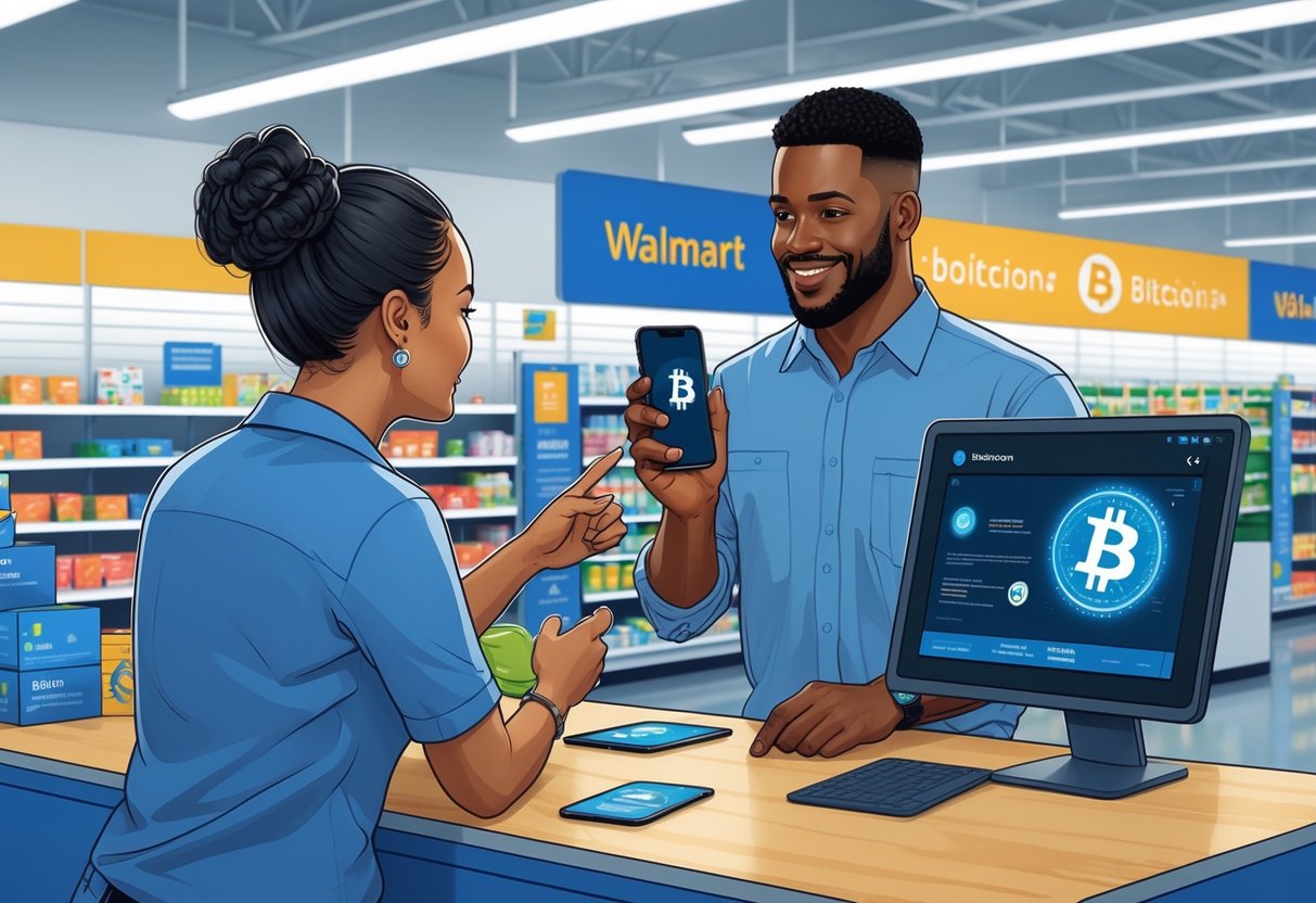 A customer talks to an employee at a Walmart service counter while holding a smartphone showing a Bitcoin symbol.