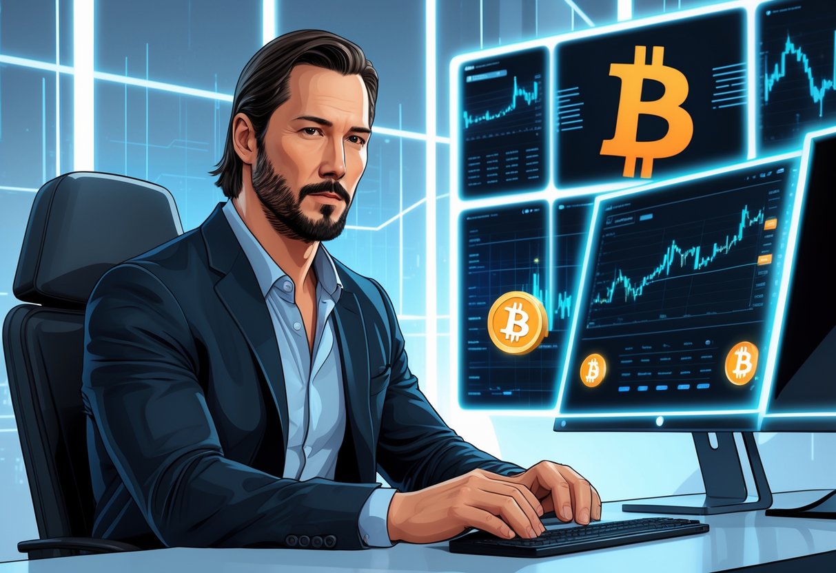 A man resembling Keanu Reeves sitting at a desk with digital screens showing cryptocurrency symbols and graphs.