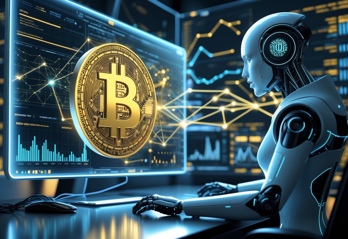 A futuristic workspace showing a holographic Bitcoin symbol surrounded by data charts and an AI figure analyzing financial information.