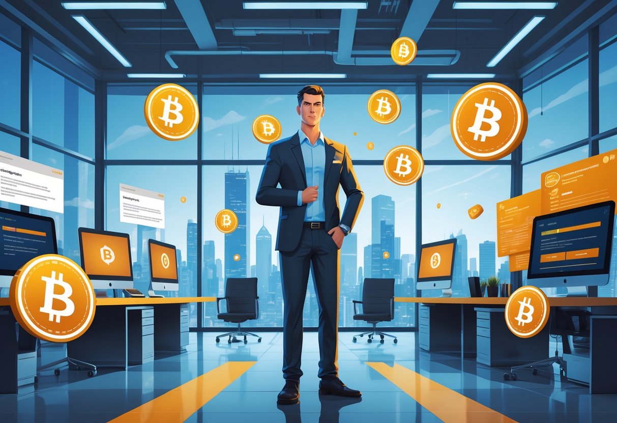 A businessman in a modern office surrounded by digital cryptocurrency icons and computer screens showing fake giveaway notifications.