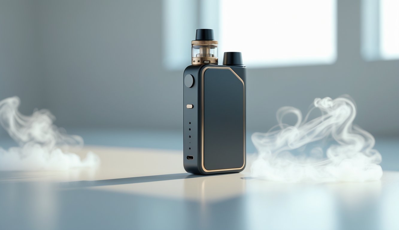Sebuah perangkat vape modern dengan desain tahan lama dan hemat energi diletakkan di atas permukaan putih dengan latar belakang minimalis.