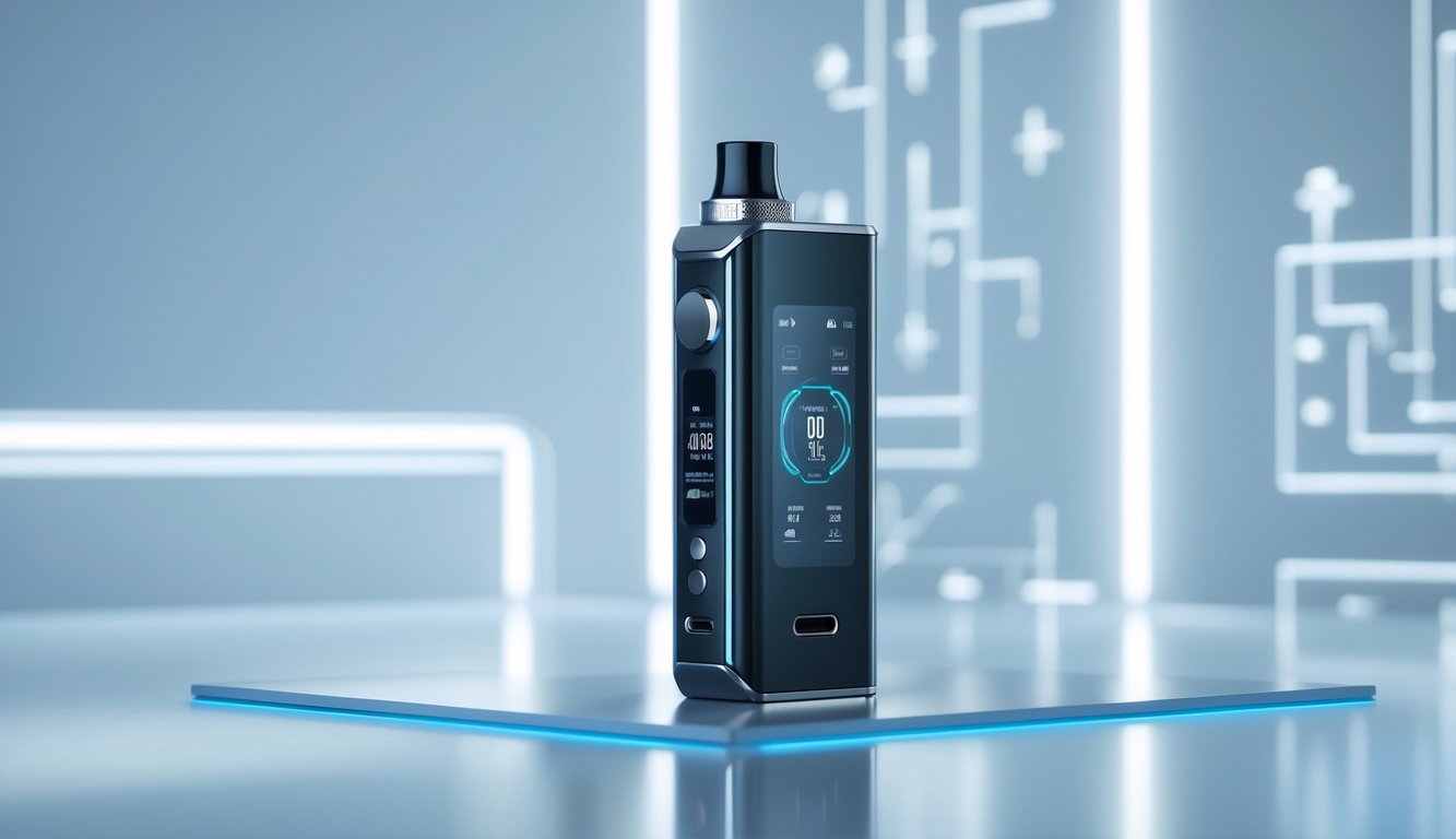Sebuah vape mod elektrik modern diletakkan di atas permukaan reflektif dengan latar belakang minimalis dan pencahayaan lembut.
