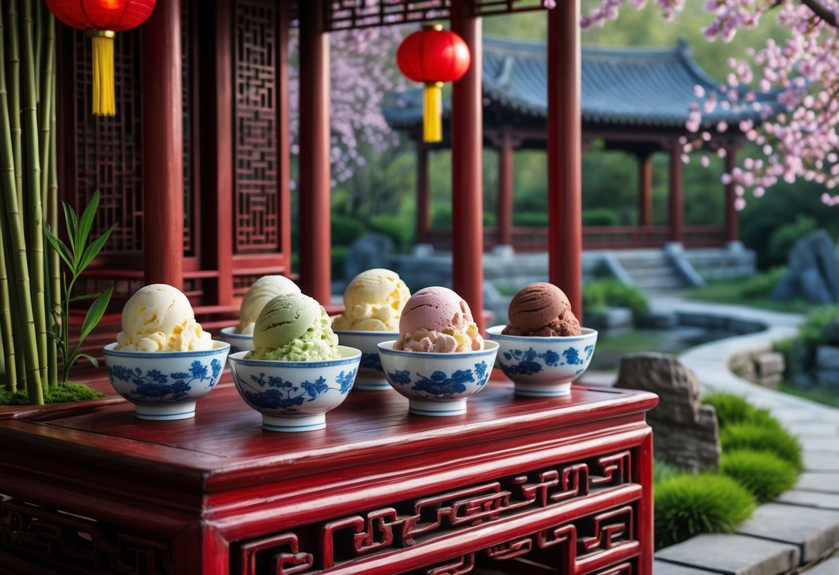 A wooden cart displaying bowls of ice cream surrounded by traditional Chinese garden elements with lanterns and cherry blossoms.
