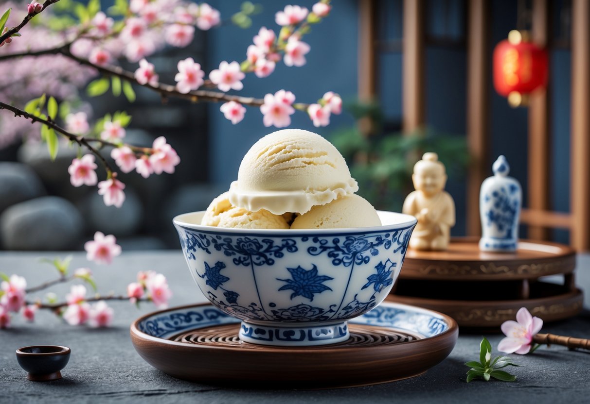 A porcelain bowl of ice cream placed on a wooden tray surrounded by cherry blossom branches and traditional Chinese decorative items.