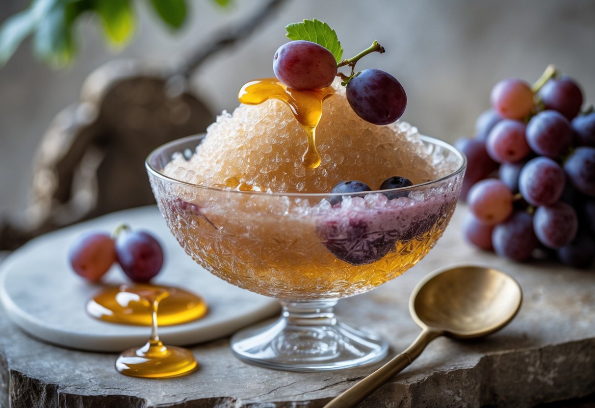A glass bowl filled with icy honey and grape granita garnished with fresh grapes and honey, placed on a wooden table with a bronze spoon nearby.