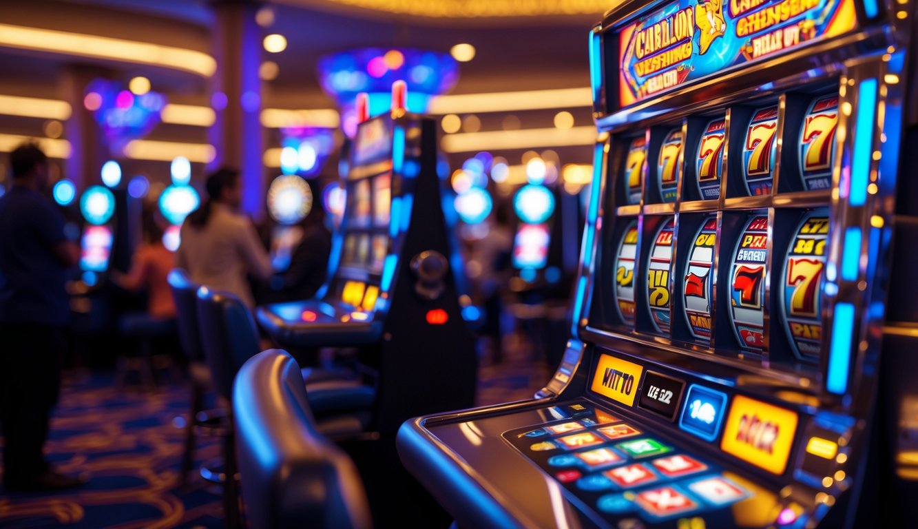 Mesin slot modern dengan lampu warna-warni dan gulungan yang menunjukkan simbol kemenangan di dalam kasino yang ramai.