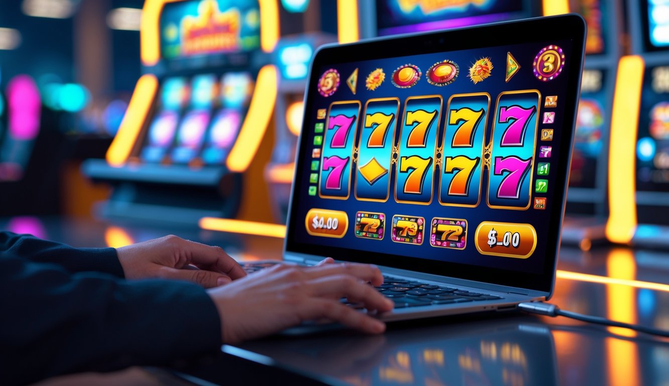 Seorang pengguna sedang bermain mesin slot online di komputer dengan simbol warna-warni dan suasana kemenangan.