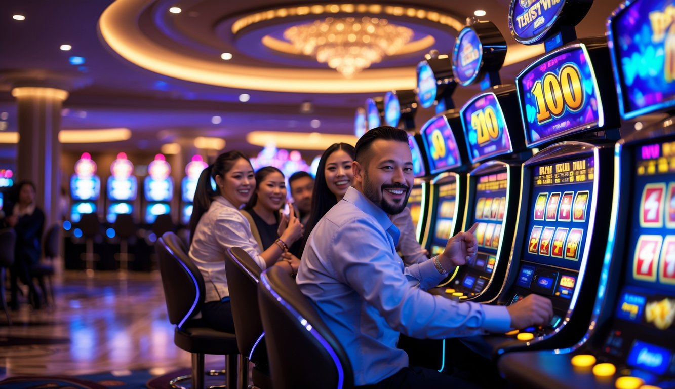 Orang-orang sedang bermain mesin slot di kasino yang modern dan cerah dengan suasana yang menyenangkan dan penuh semangat.