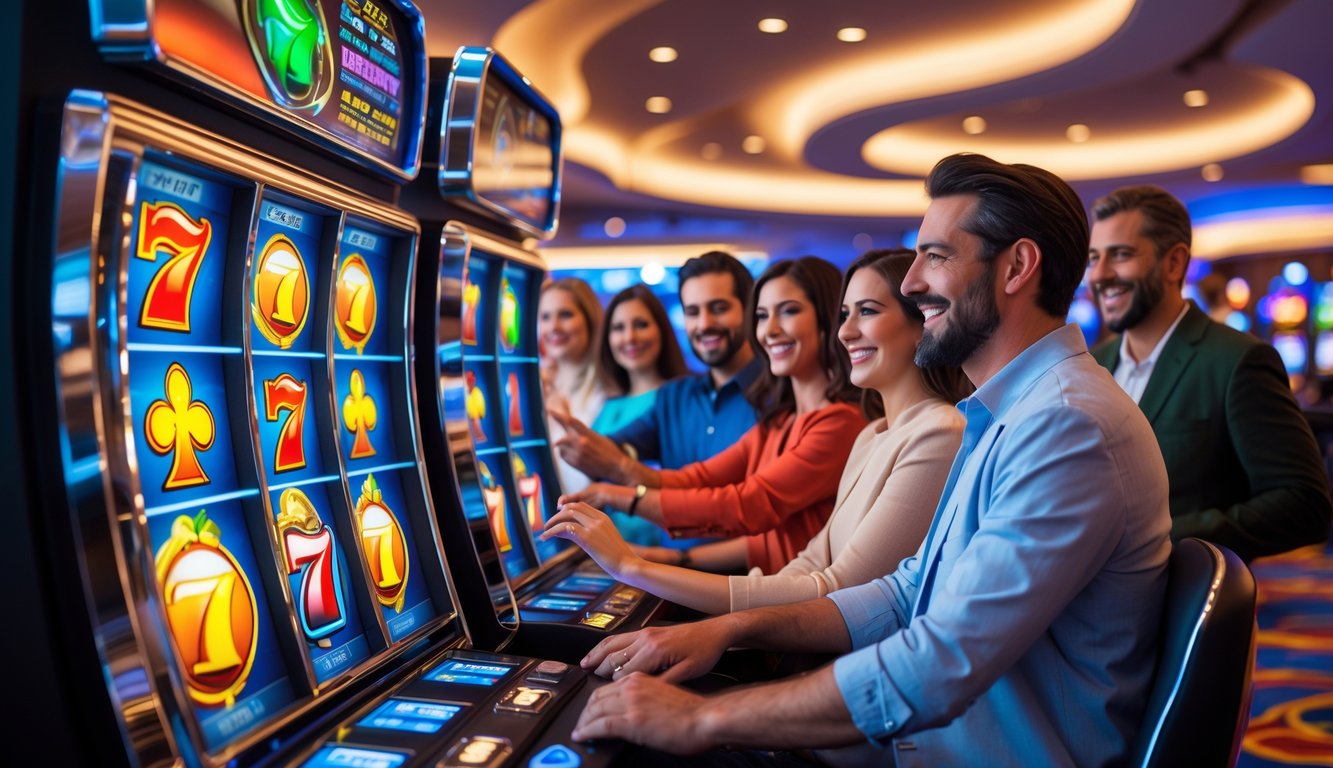 Orang-orang bermain mesin slot berwarna-warni di kasino modern yang cerah dan ramai.