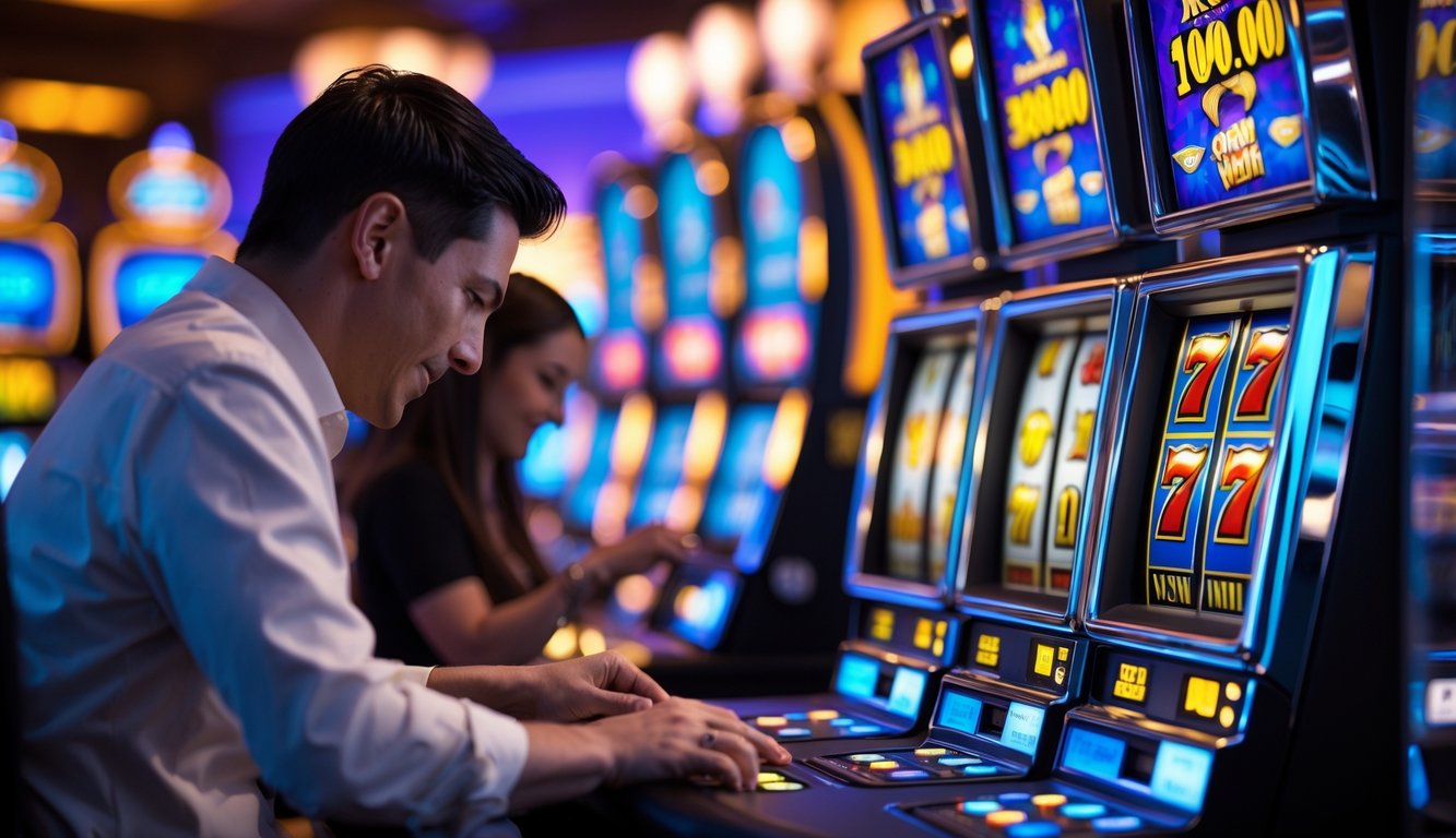 Seorang pemain sedang menggunakan mesin slot di kasino dengan layar warna-warni dan suasana yang cerah.