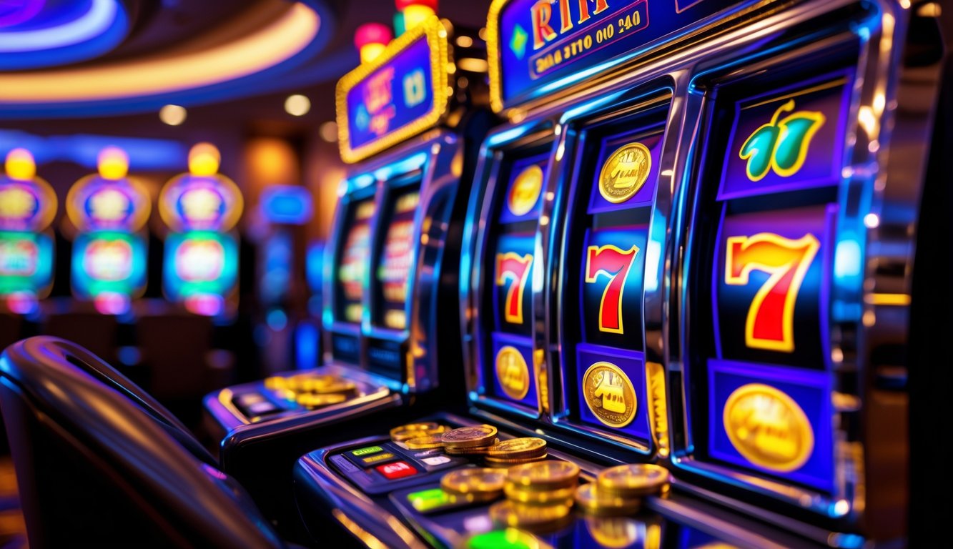 Mesin slot modern dengan gulungan berwarna-warni yang sedang berputar di dalam kasino.