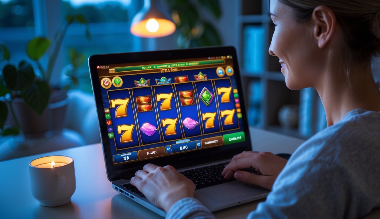 Seseorang sedang bermain permainan slot online di laptop di rumah pada malam hari.