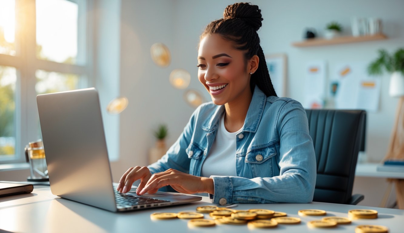 Seorang pemula yang ceria sedang bermain game slot online di laptop di meja kerja yang rapi dan terang.