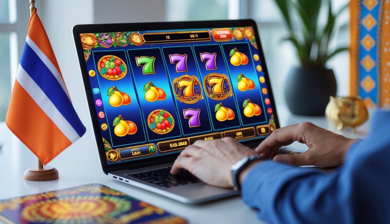 Seseorang menggunakan komputer dengan layar menampilkan permainan slot online berwarna-warni, di meja terdapat bendera kecil Indonesia.