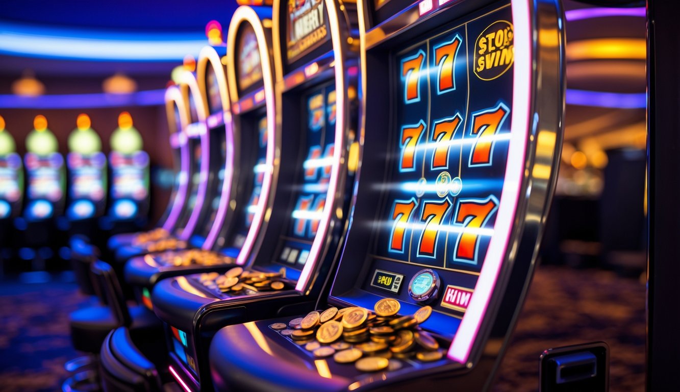 Mesin slot modern dengan koin yang keluar di lingkungan kasino yang terang dan ramai.