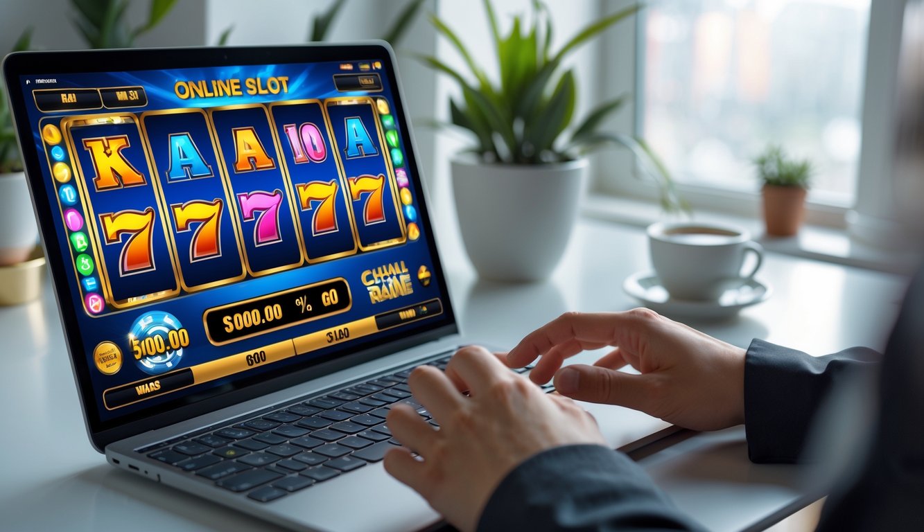 Sebuah meja kerja di rumah dengan laptop menampilkan permainan slot online dan tangan seseorang sedang bermain.