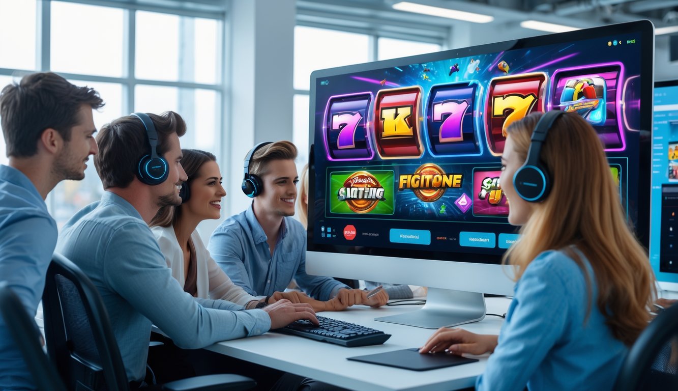 Sekelompok orang muda di kantor modern sedang melihat layar komputer dengan grafis permainan slot yang berwarna-warni.