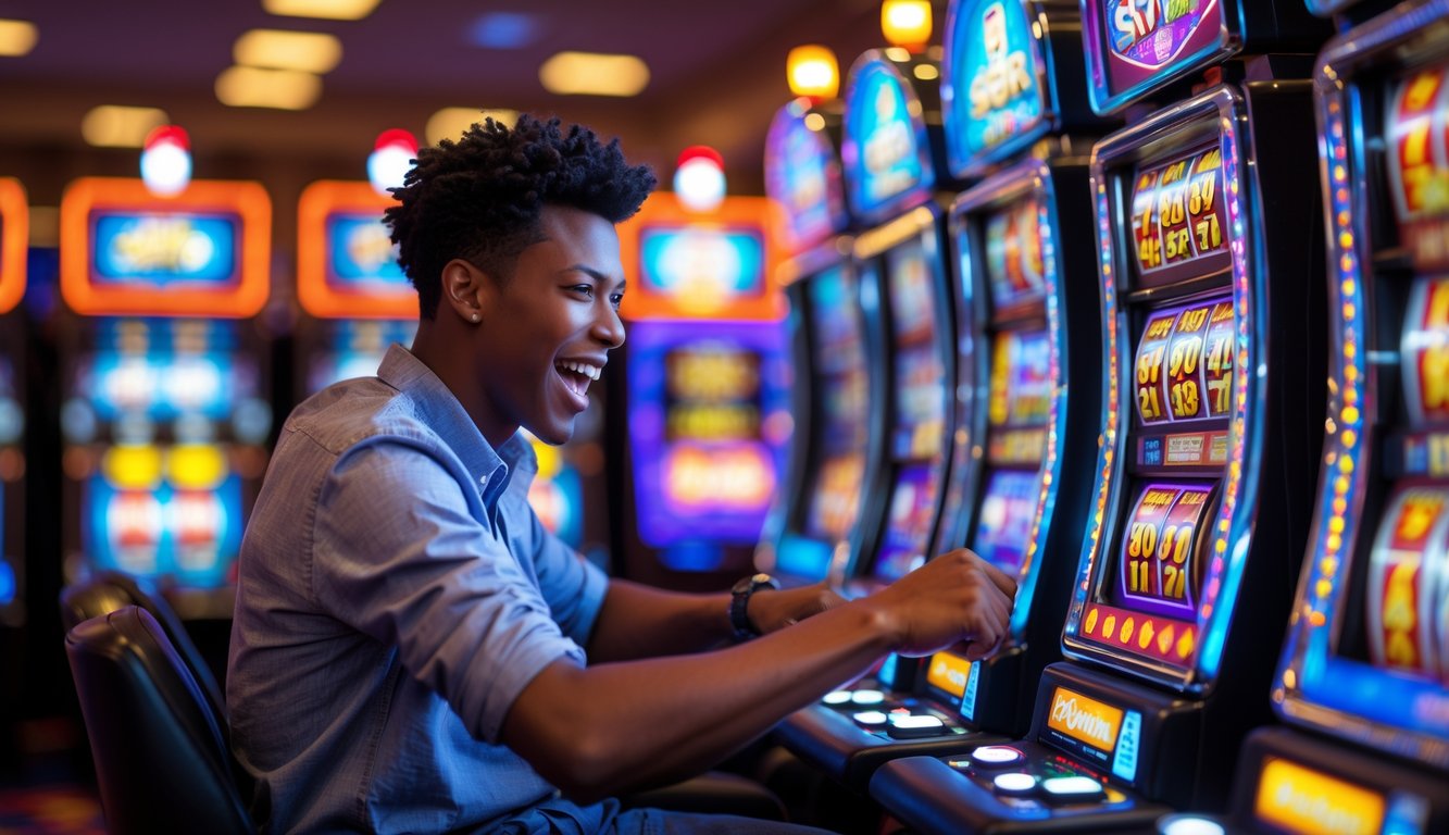 Seorang dewasa muda bermain mesin slot terbaru dengan latar belakang kasino yang terang dan ramai.