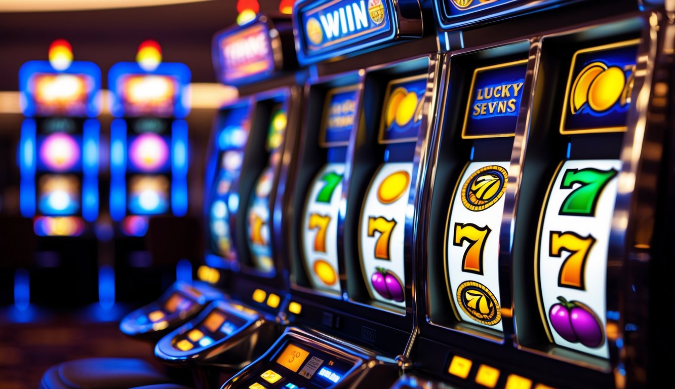 Tampilan dekat mesin slot modern dengan gulungan berwarna-warni yang berputar di dalam kasino.