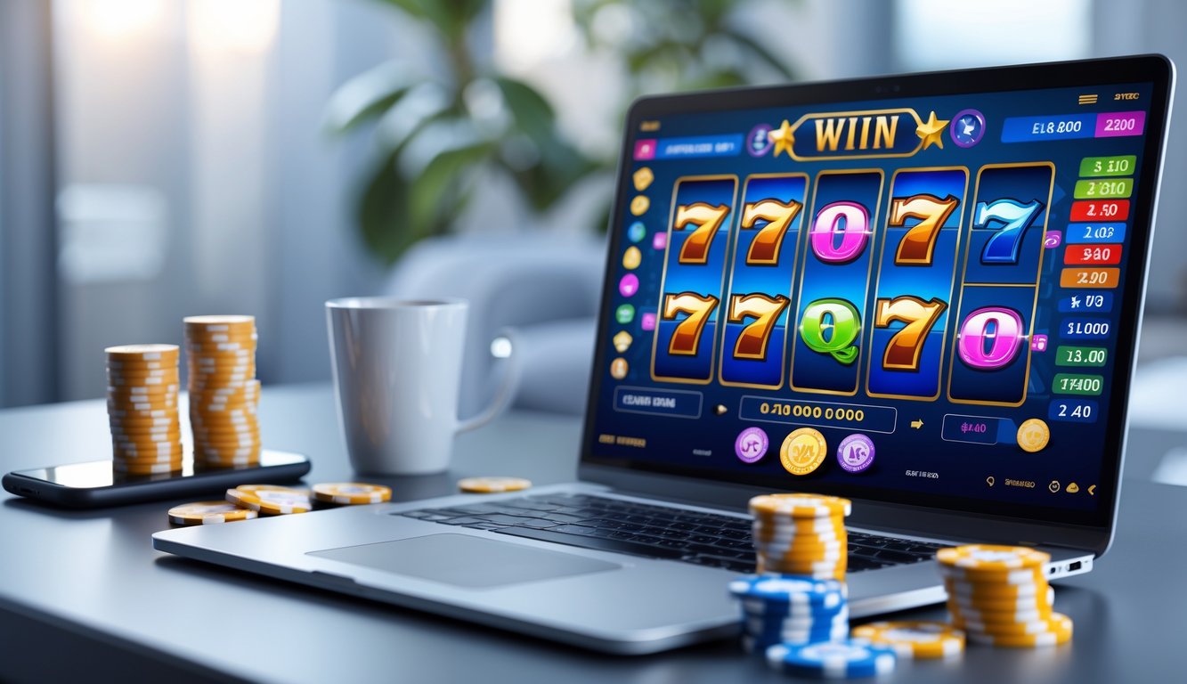 Meja kerja dengan laptop menampilkan permainan slot, chip kasino, dan ponsel dengan notifikasi kemenangan.