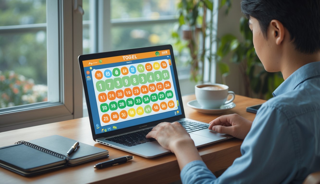 Seorang pemula sedang belajar bermain togel online menggunakan laptop di meja dengan secangkir kopi dan buku catatan di ruangan yang nyaman.