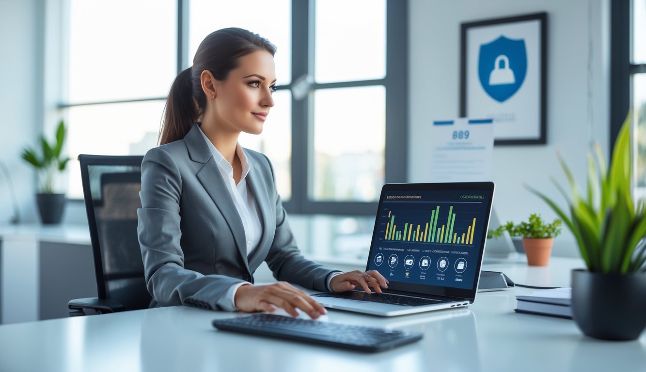 Seorang wanita profesional duduk di meja kantor modern dengan laptop, menampilkan suasana kerja yang terpercaya dan resmi.