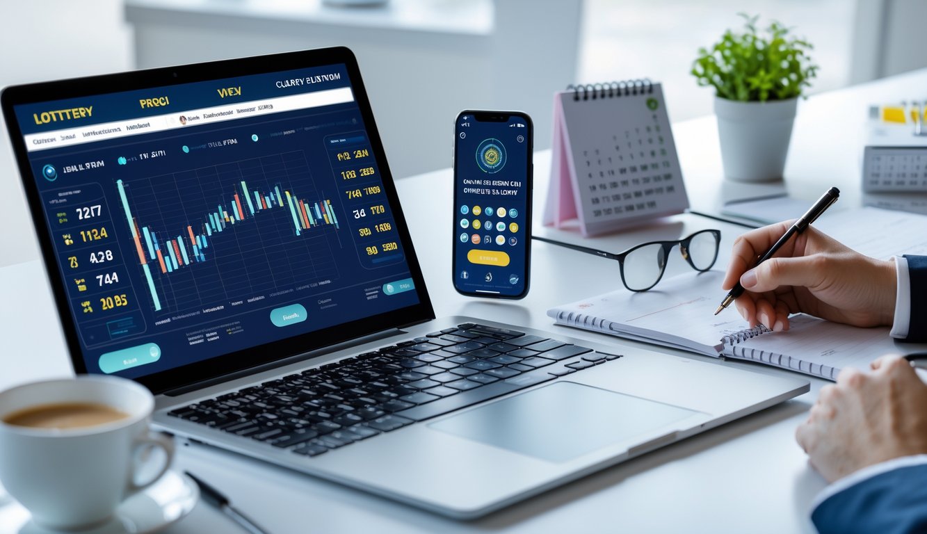Seseorang sedang menganalisis data togel online di meja kerja dengan laptop dan smartphone.