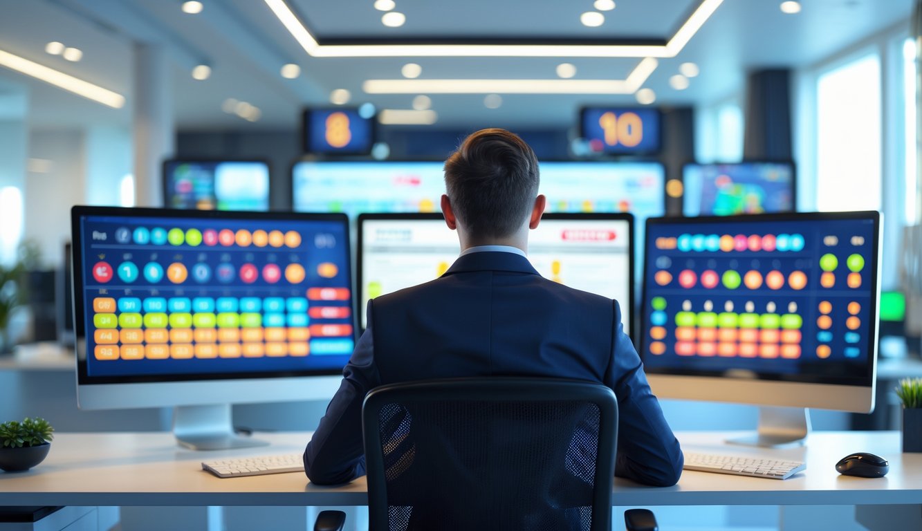 Seorang profesional duduk di meja kerja dengan beberapa layar komputer menampilkan grafik dan angka terkait lotere online.